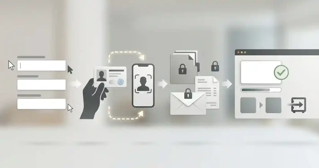 Illustrated account lifecycle from registration through KYC checks to withdrawal review