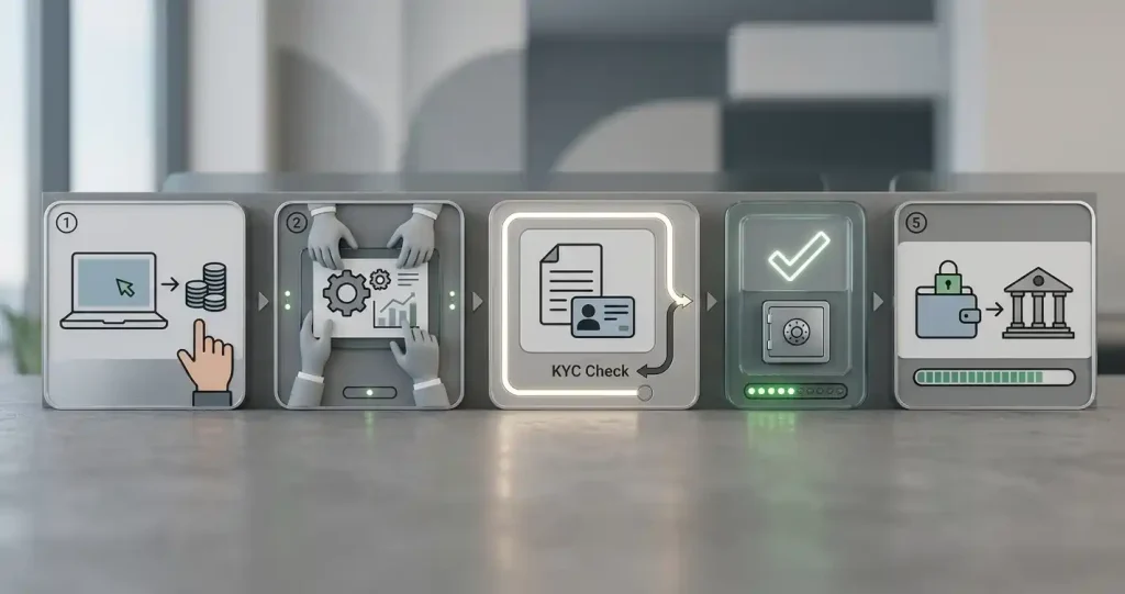 Editorial withdrawal timeline showing request, review, KYC, approval and payment settlement
