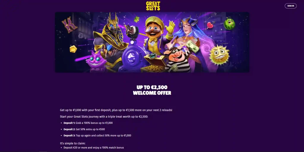 Great Slots welcome-offer page showing the three-deposit structure and published terms