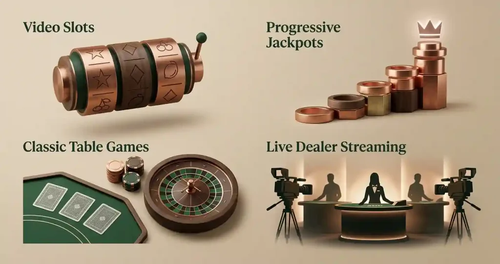 Editorial illustration mapping slots, jackpots, table games and live dealer categories