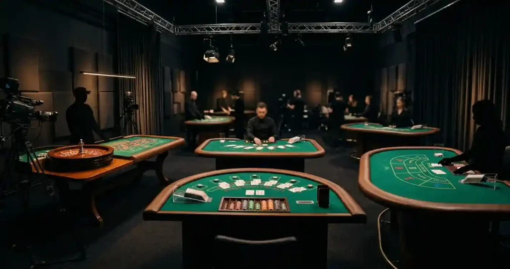 Generic live dealer studio with roulette, blackjack and baccarat tables