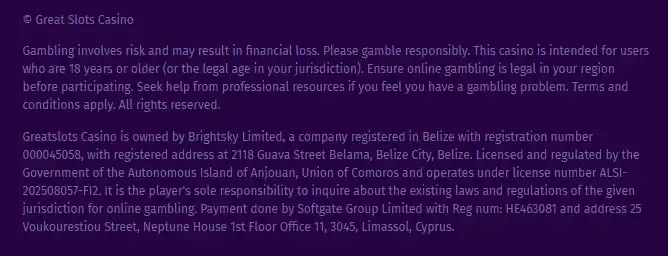 Great Slots official page showing operator and Anjouan licence details
