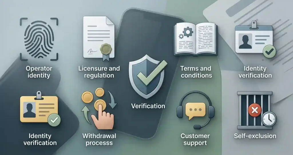 Neutral trust checklist covering operator, licence, terms, KYC, withdrawals, support and self-exclusion